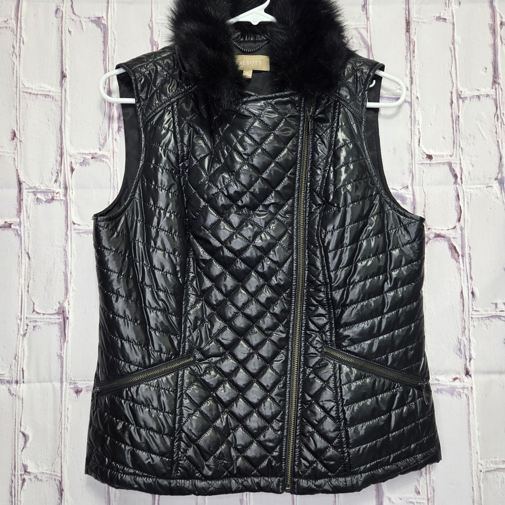 Talbots Quilted Faux Fur Trim Puffer Vest Black Zip Closure Women M Petite Class